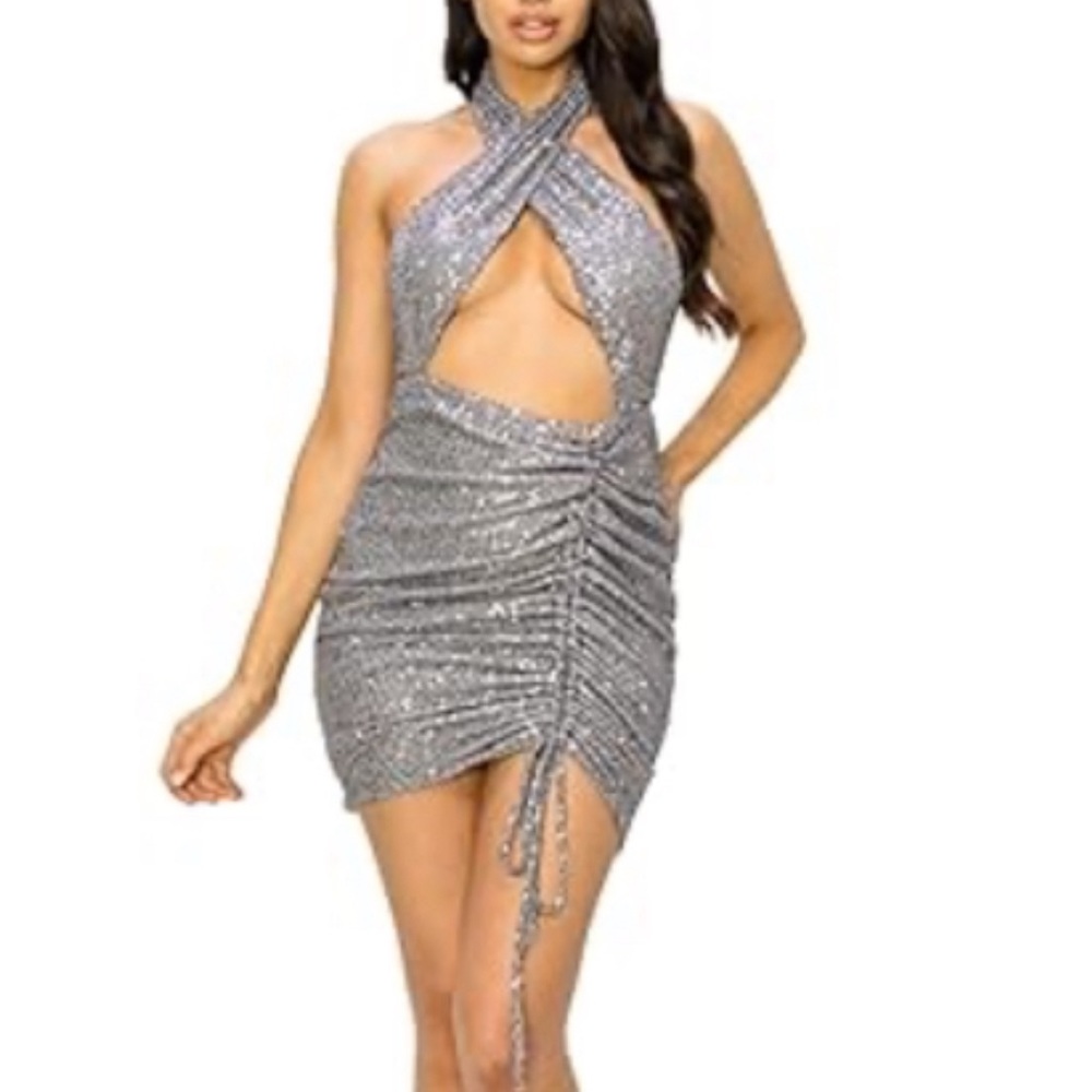 Baicpo Women’s sexy ruffle Bodycon dress Silver Size Small